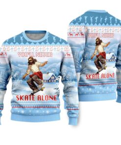 Alternative view of You'll Never Skate Alone Christian Skateboarding Ugly Christmas Sweater