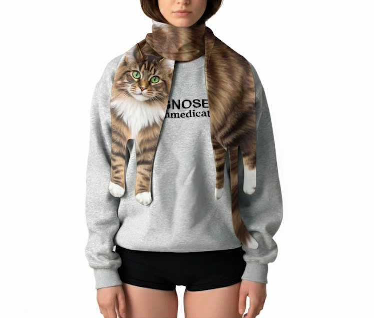 Animal Scarf – Fluffy Tabby Cat Scarf, Novelty Silk Scarf, Funny Pet Scarf