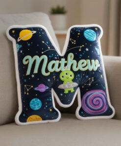 Personalized Letter Pillow – Space Theme Name Pillow, Custom Initial Cushion, Cute Kids Room Home Decor.
