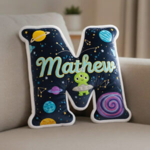 Personalized Letter Pillow – Space Theme Name Pillow, Custom Initial Cushion, Cute Kids Room Home Decor.