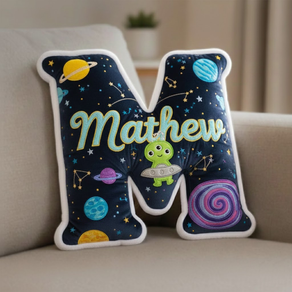 Personalized Letter Pillow – Space Theme Name Pillow, Custom Initial Cushion, Cute Kids Room Home Decor.