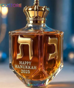 Happy Hanukkah 2025 Whiskey Bottle, Gold Rimmed High Borosilicate Glass Whiskey Bottle