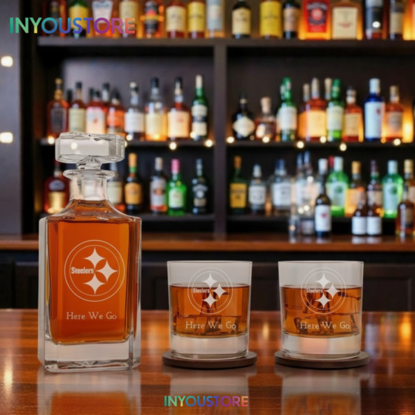 Men's Pittsburgh Steelers Custom Engraved Whiskey Decanter Set Glassware Clear One Size