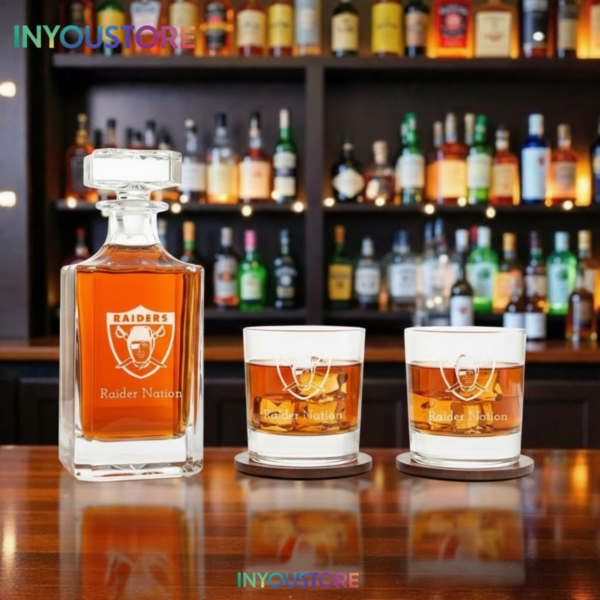 Men's Las Vegas Raiders Custom Engraved Whiskey Decanter Gift Set Glassware Clear One Size