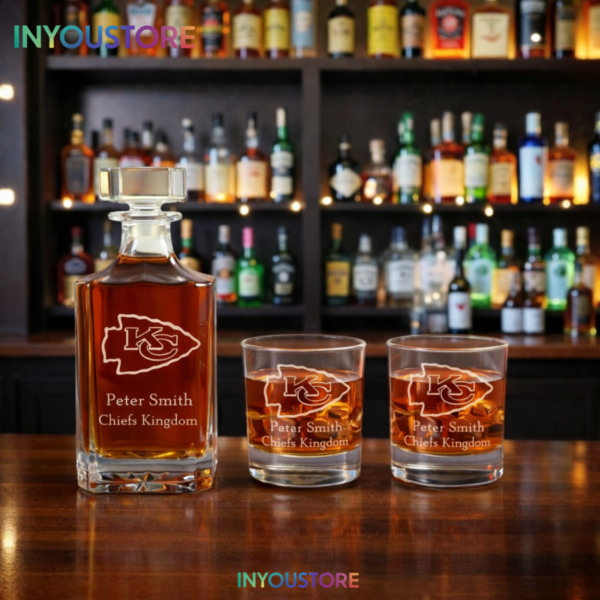 Men's Kansas City Chiefs Custom Engraved Whiskey Decanter Gift Set Glassware Clear One Size