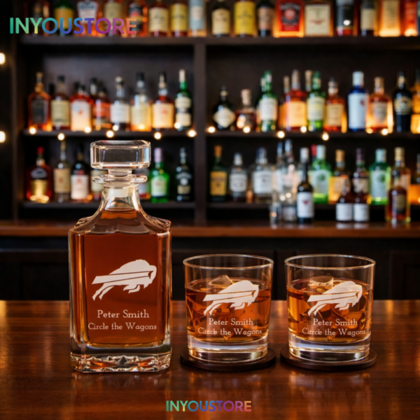Men's Buffalo Bills Custom Engraved Whiskey Decanter Gift Set Glassware Clear One Size