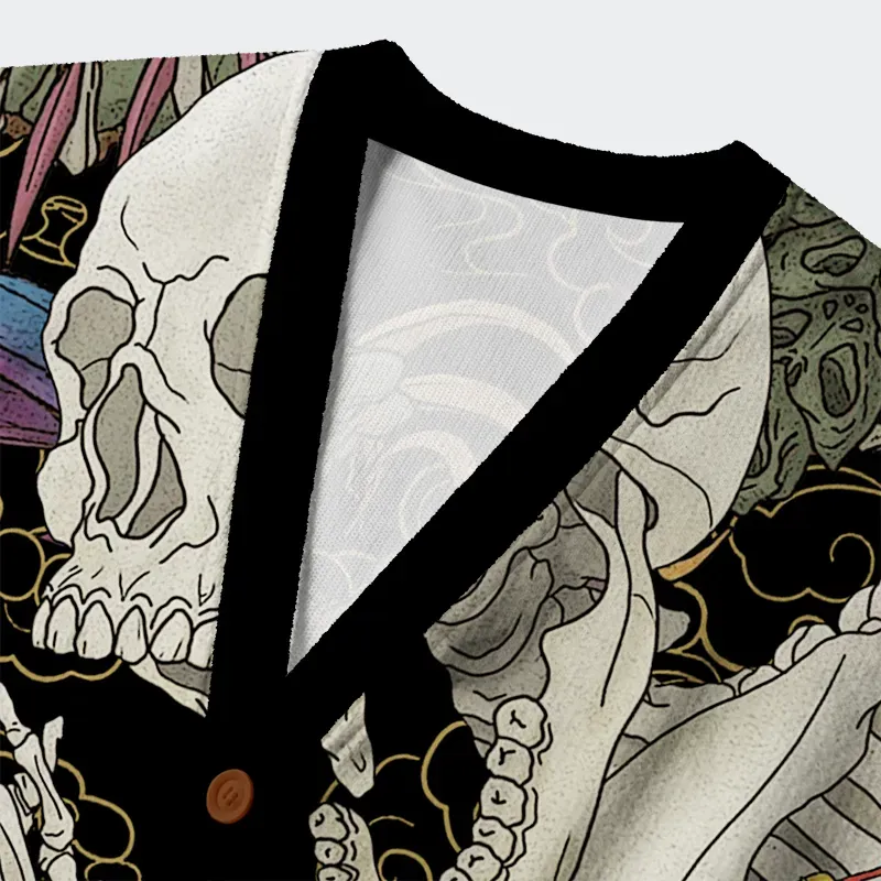 Japanese Yokai And Skeletons Ugly Cardigan Sweater - Image 3