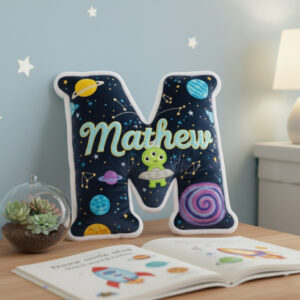 Alternative view of Personalized Letter Pillow – Space Theme Name Pillow, Custom Initial Cushion, Cute Kids Room Home Decor.