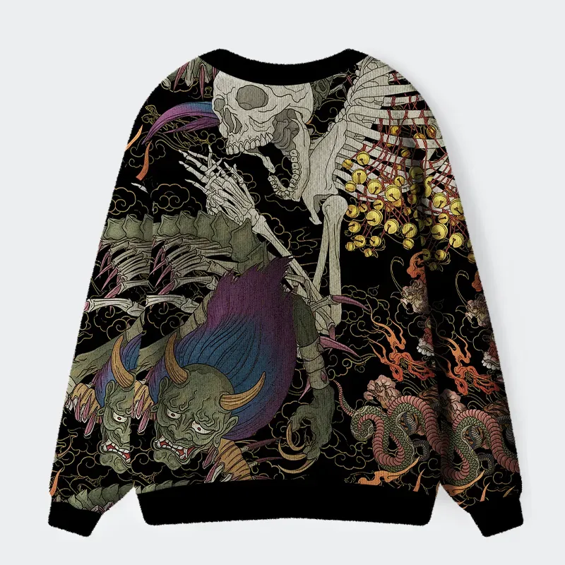 Japanese Yokai And Skeletons Ugly Cardigan Sweater - Image 2
