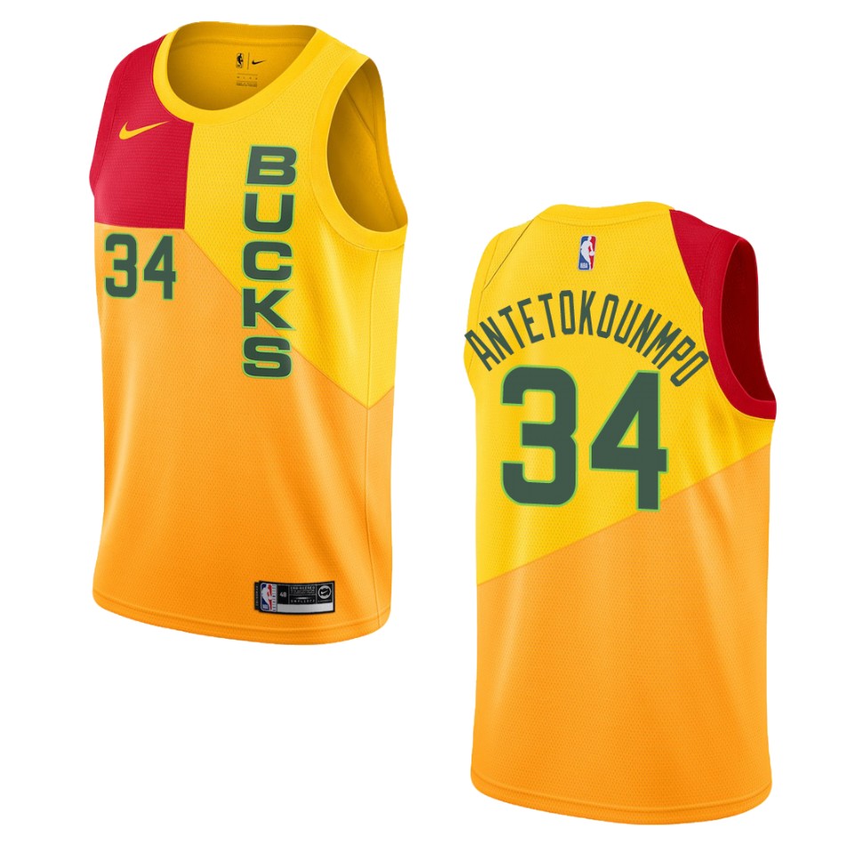 2019-20 Men Milwaukee Bucks #34 Giannis Antetokounmpo City Edition Swingman Basketball Jersey - Yellow