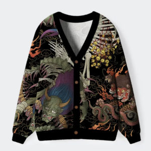 Japanese Yokai And Skeletons Ugly Cardigan Sweater