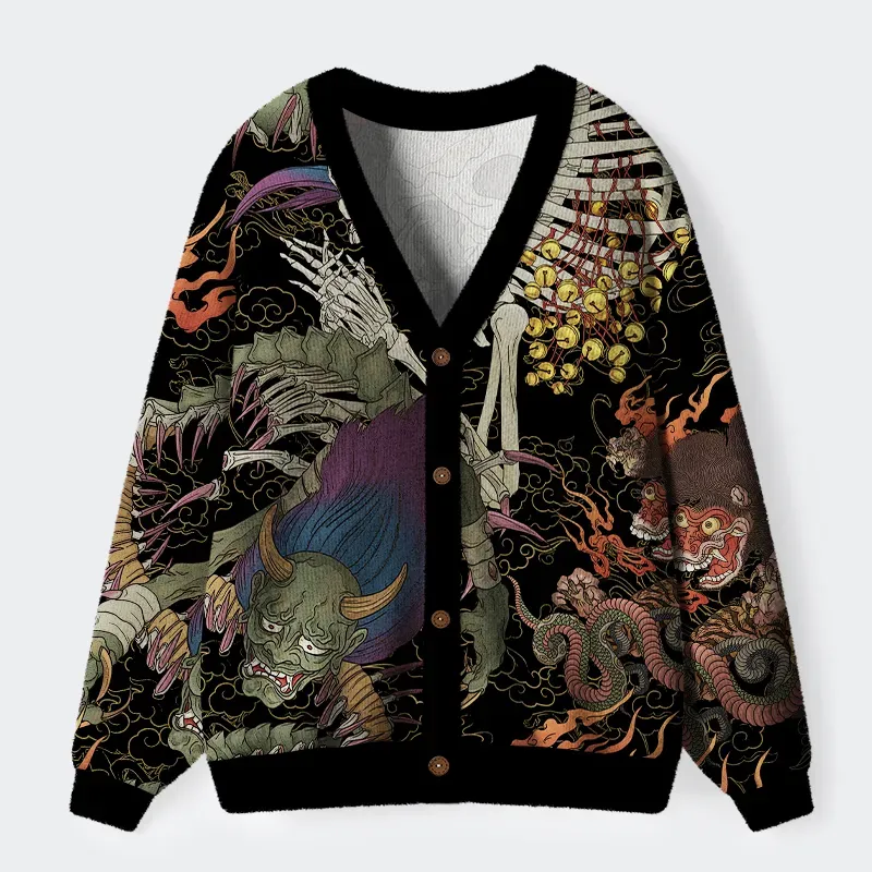 Japanese Yokai And Skeletons Ugly Cardigan Sweater