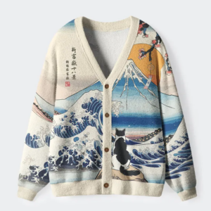 Cat Looking At The Great Wave Ugly Cardigan Sweater