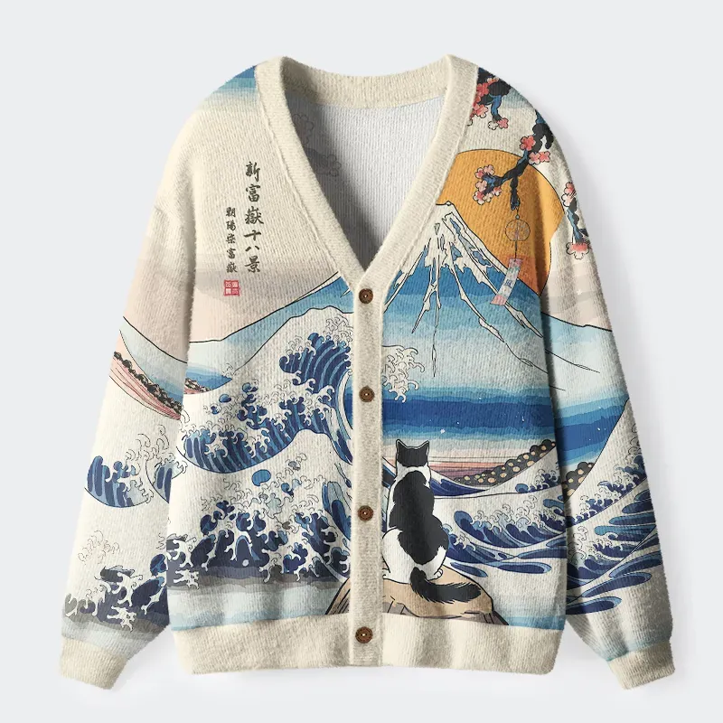 Cat Looking At The Great Wave Ugly Cardigan Sweater