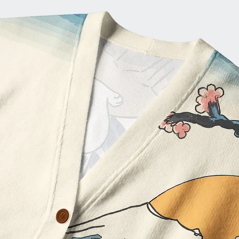 Cat Looking At The Great Wave Ugly Cardigan Sweater - Image 3