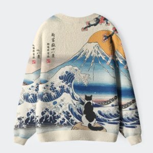 Alternative view of Cat Looking At The Great Wave Ugly Cardigan Sweater