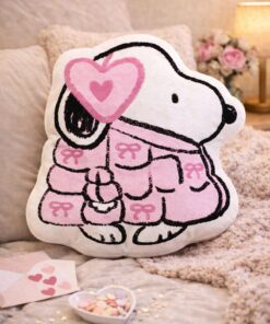 Snoopy with Pink Bow Pillow, Snoopy Puffer Valentine'S Day Pillow