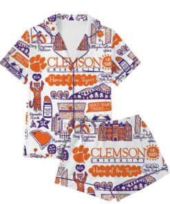 Clemson Tigers Hand Sketched Satin Pajamas Set For Women