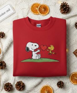 Alternative view of Embroidered Snoopy and Woodstock Heart Sweatshirt, Peanuts Winter Sweater, Vintage Cartoon Crewneck Jumper