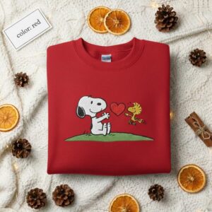 Alternative view of Embroidered Snoopy and Woodstock Heart Sweatshirt, Peanuts Winter Sweater, Vintage Cartoon Crewneck Jumper