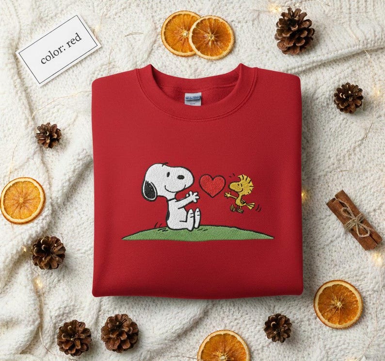 Embroidered Snoopy and Woodstock Heart Sweatshirt, Peanuts Winter Sweater, Vintage Cartoon Crewneck Jumper - Image 2