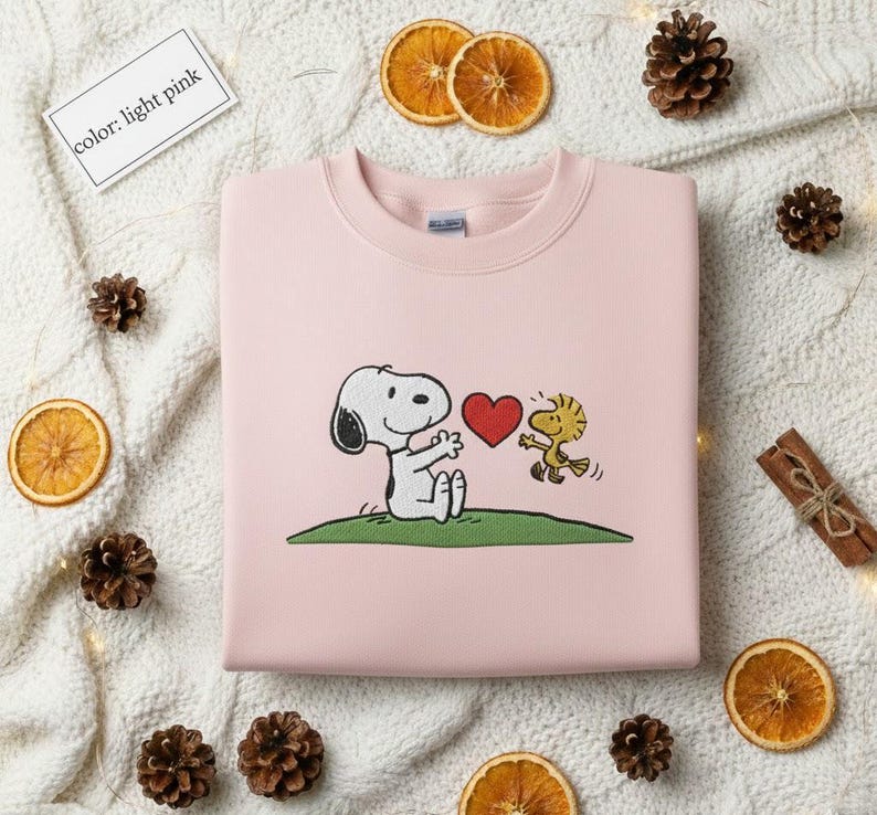 Embroidered Snoopy and Woodstock Heart Sweatshirt, Peanuts Winter Sweater, Vintage Cartoon Crewneck Jumper - Image 3