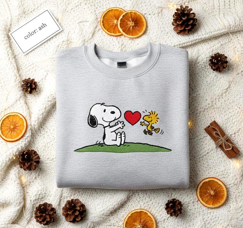 Embroidered Snoopy and Woodstock Heart Sweatshirt, Peanuts Winter Sweater, Vintage Cartoon Crewneck Jumper - Image 4