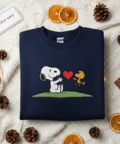 Embroidered Snoopy and Woodstock Heart Sweatshirt, Peanuts Winter Sweater, Vintage Cartoon Crewneck Jumper