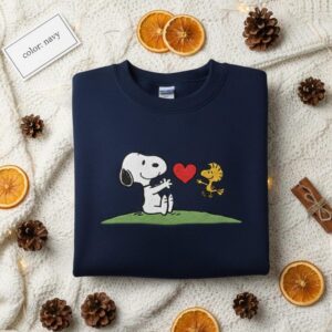 Embroidered Snoopy and Woodstock Heart Sweatshirt, Peanuts Winter Sweater, Vintage Cartoon Crewneck Jumper