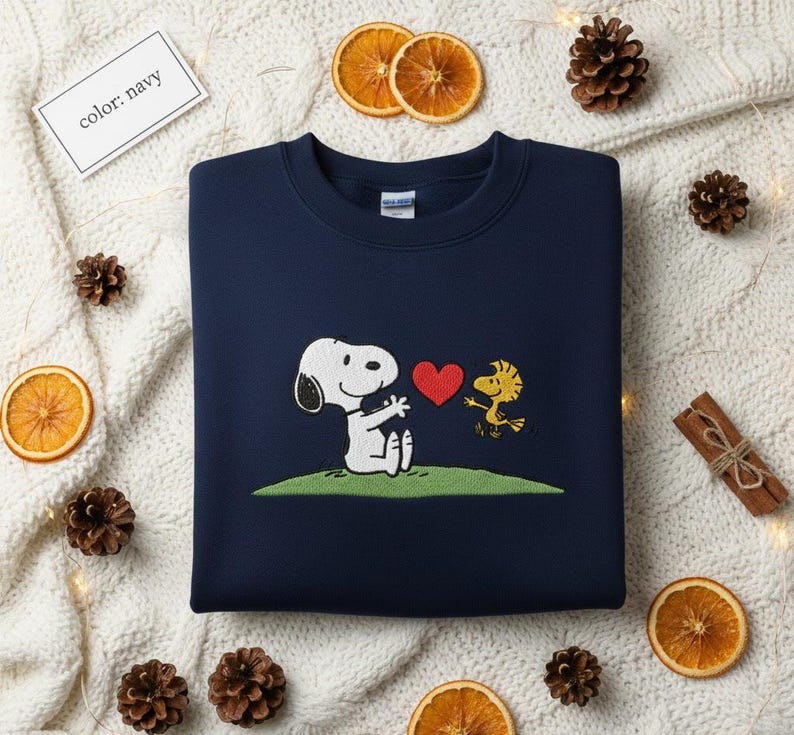 Embroidered Snoopy and Woodstock Heart Sweatshirt, Peanuts Winter Sweater, Vintage Cartoon Crewneck Jumper