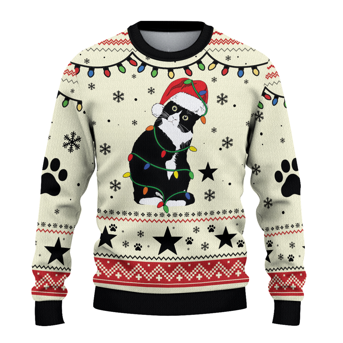 Black Cat Lights Ugly Christmas Sweater, Funny Holiday Sweater, Festive Winter Knit, Cute Xmas Gift for Cat Lovers - Image 2