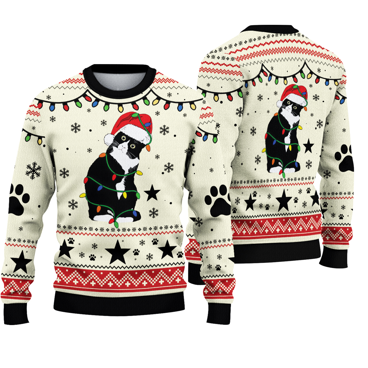 Black Cat Lights Ugly Christmas Sweater, Funny Holiday Sweater, Festive Winter Knit, Cute Xmas Gift for Cat Lovers
