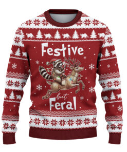 Alternative view of Festive & Feral Ugly Christmas Sweater, Funny Raccoon Holiday Sweater, Feral Raccoon Xmas Jumper, Trendy Christmas Gift