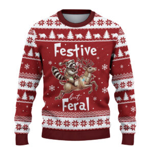 Alternative view of Festive & Feral Ugly Christmas Sweater, Funny Raccoon Holiday Sweater, Feral Raccoon Xmas Jumper, Trendy Christmas Gift