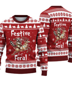 Festive & Feral Ugly Christmas Sweater, Funny Raccoon Holiday Sweater, Feral Raccoon Xmas Jumper, Trendy Christmas Gift