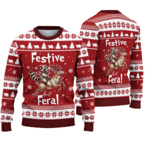Festive & Feral Ugly Christmas Sweater, Funny Raccoon Holiday Sweater, Feral Raccoon Xmas Jumper, Trendy Christmas Gift