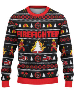 Alternative view of Firefighter Ugly Christmas Sweater, All Over Print Unisex Ugly Christmas Sweatshirt, Fire Truck Xmas Shirt