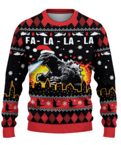 Alternative view of Fa-La-La-La Kaiju Ugly Christmas Sweater, Giant Monster Holiday Jumper, Funny Movie Ugly Knitwear, Classic Black Xmas Gift