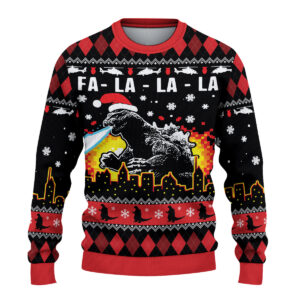 Alternative view of Fa-La-La-La Kaiju Ugly Christmas Sweater, Giant Monster Holiday Jumper, Funny Movie Ugly Knitwear, Classic Black Xmas Gift
