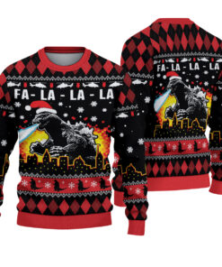 Fa-La-La-La Kaiju Ugly Christmas Sweater, Giant Monster Holiday Jumper, Funny Movie Ugly Knitwear, Classic Black Xmas Gift