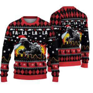 Fa-La-La-La Kaiju Ugly Christmas Sweater, Giant Monster Holiday Jumper, Funny Movie Ugly Knitwear, Classic Black Xmas Gift