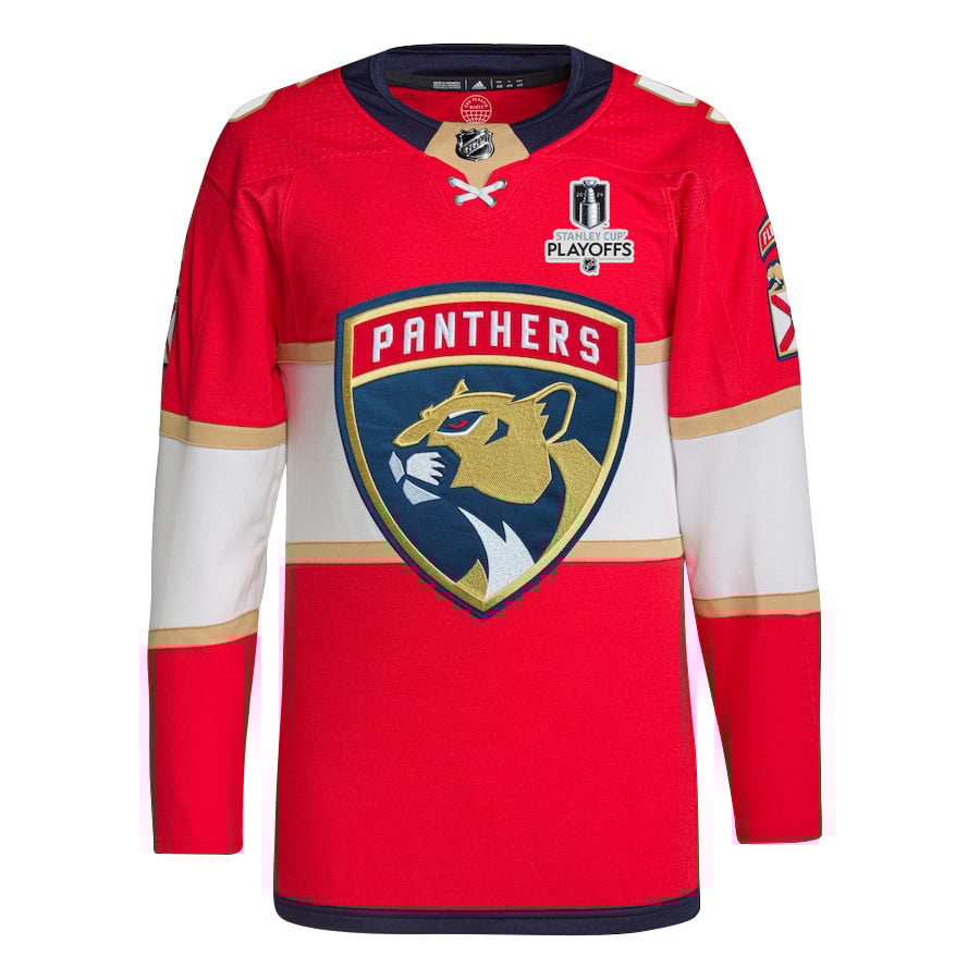 Alternative view of Aaron Ekblad 5 Florida Panthers 2024 NHL Playoffs Patch Home Hockey Jersey - Men, Red - JS290 