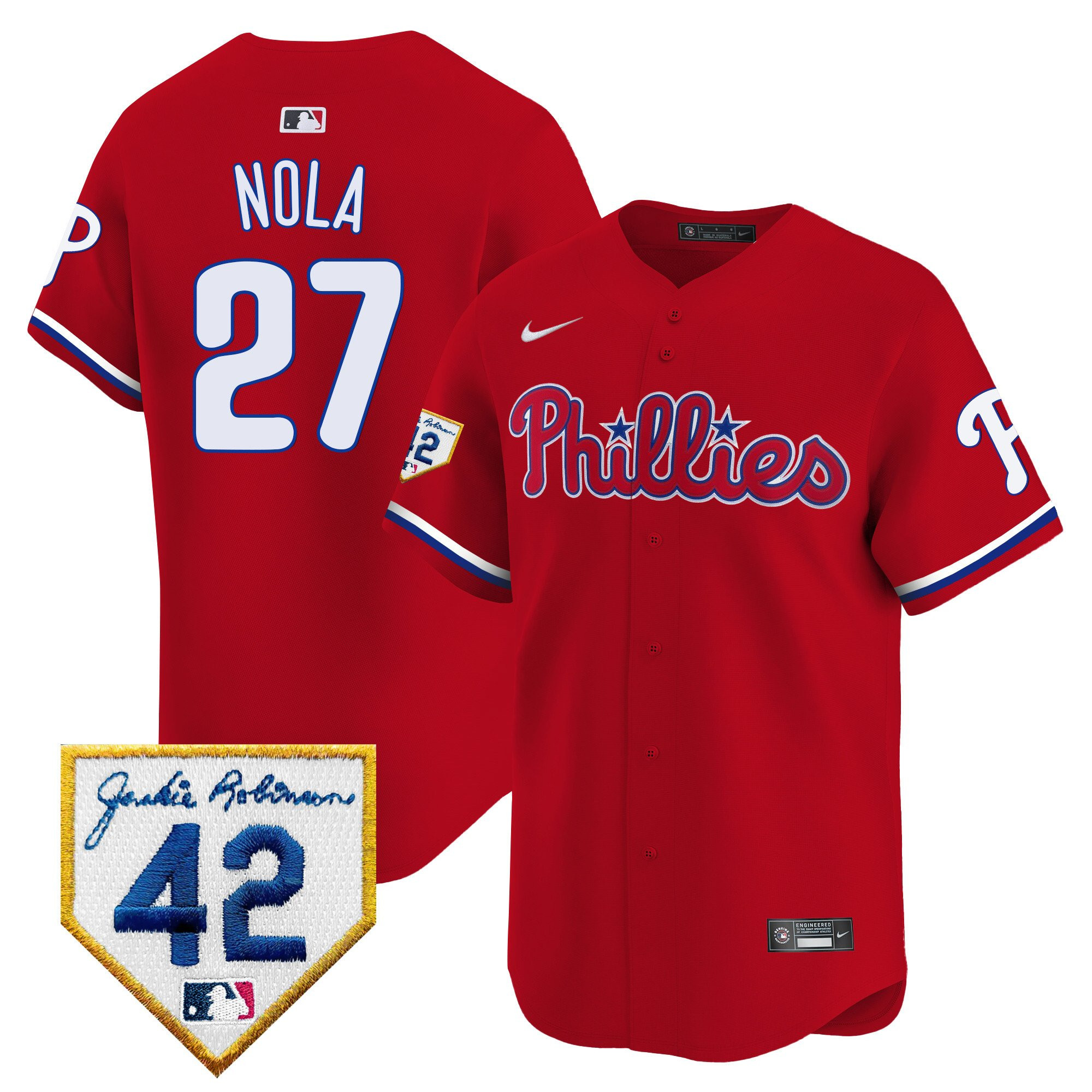 Aaron Nola 27 Philadelphia Phillies 2024 Jackie Robinson Patch Men Jersey - Red 