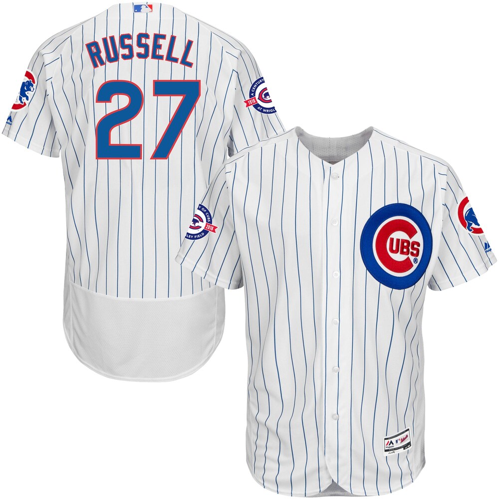 Addison Russell Chicago Cubs Majestic Home Flex Base Collection Baseball Jersey With 100 Years At Wrigley Field Commemorative Patch - White/royal