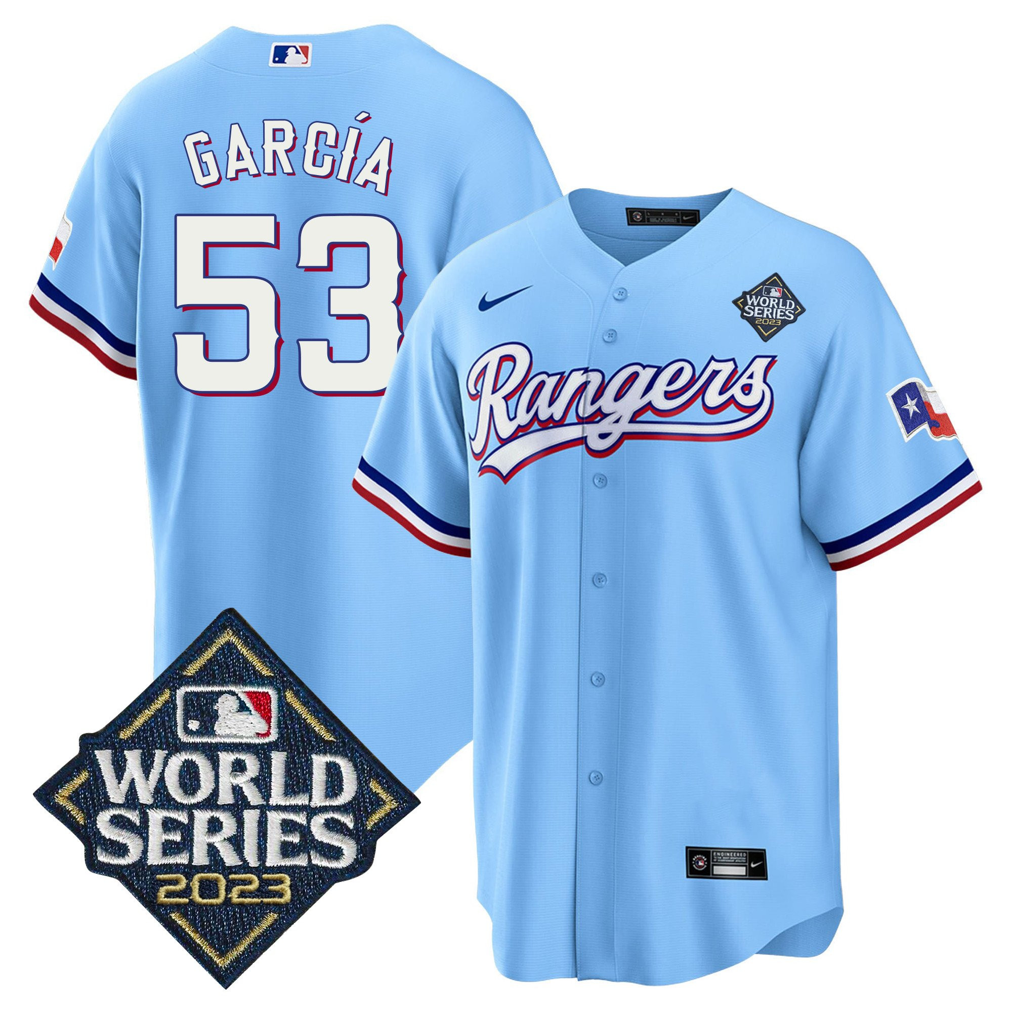 Adolis García 53 Texas Rangers 2023 World Series Stitched Baseball Jersey - Blue - JS486 