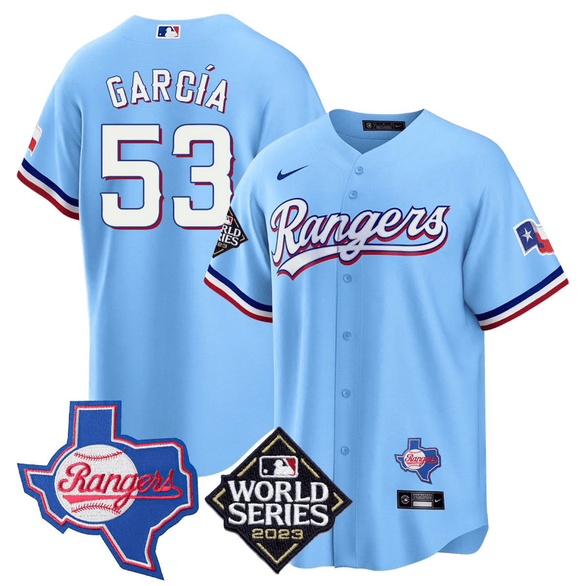 Adolis Garcia 53 Texas Rangers 2023 World Series & Texas State Patch Men Baseball Jersey - Blue - JS639 