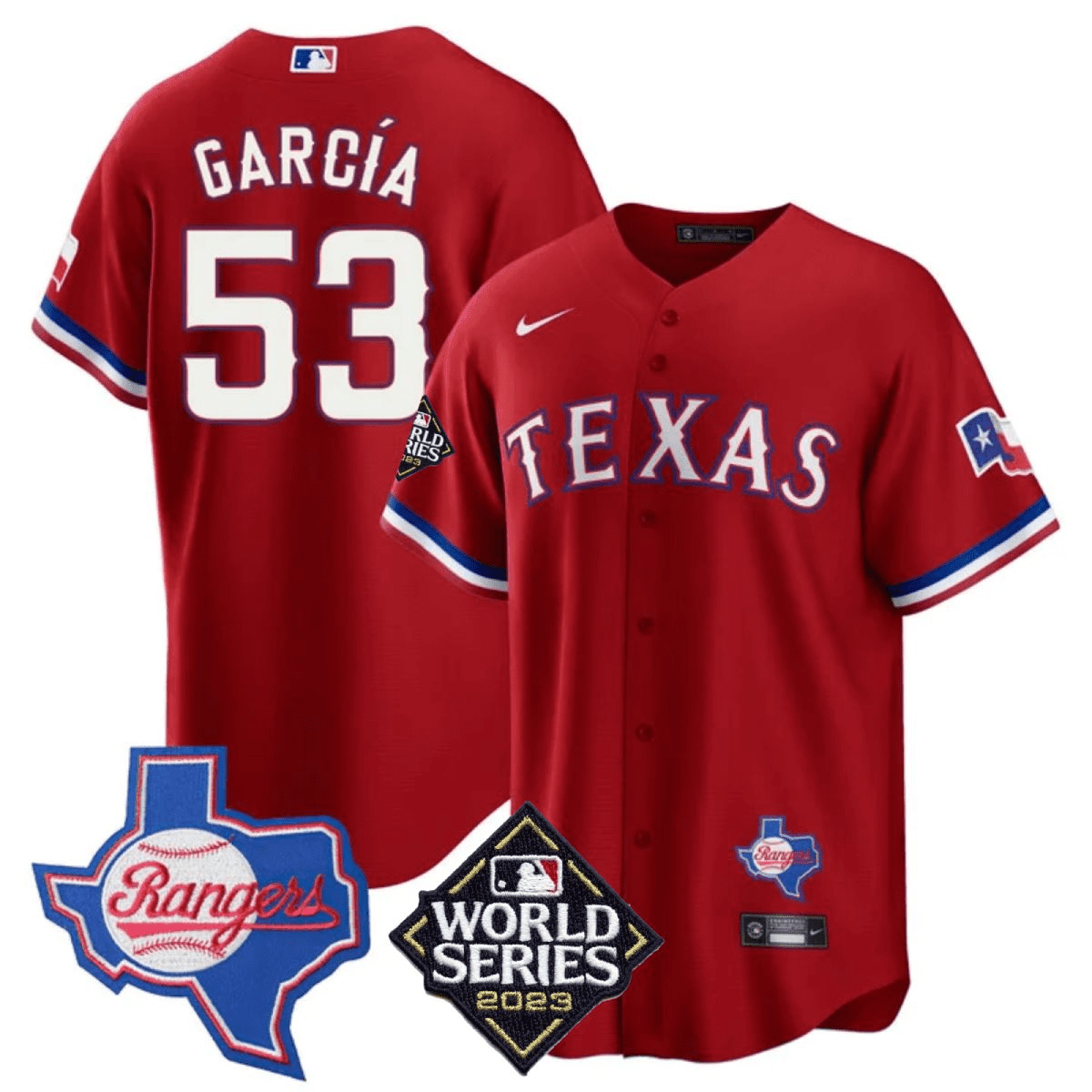 Adolis Garcia 53 Texas Rangers 2023 World Series & Texas State Patch Men Baseball Jersey - Red - JS913 