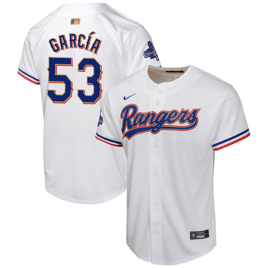 Adolis Garcia 53 Texas Rangers 2024 YOUTH Gold Collection Limited Jersey - White - JS373 