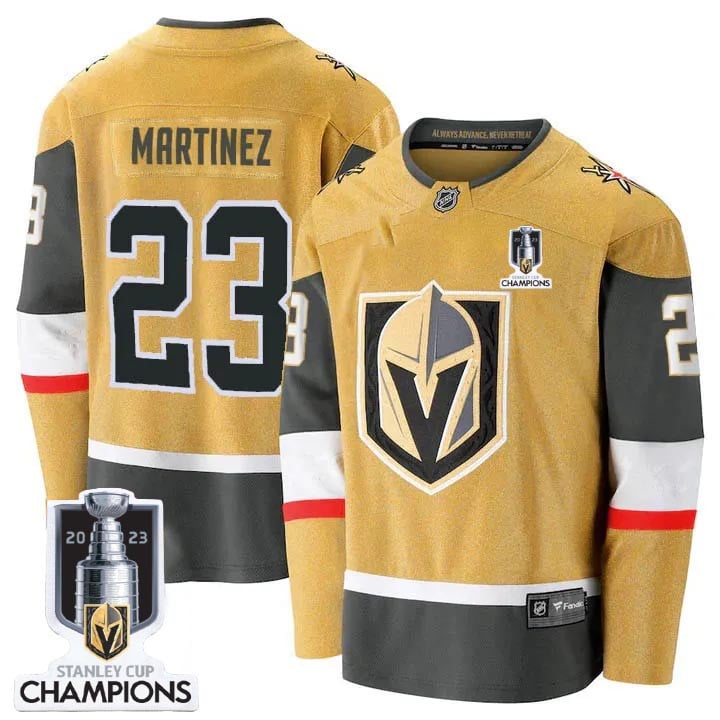 Alec Martinez 23 Vegas Golden Knights 2023 Stanley Cup Champions Patch Breakaway Home Hockey Jersey - Gold - JS658 