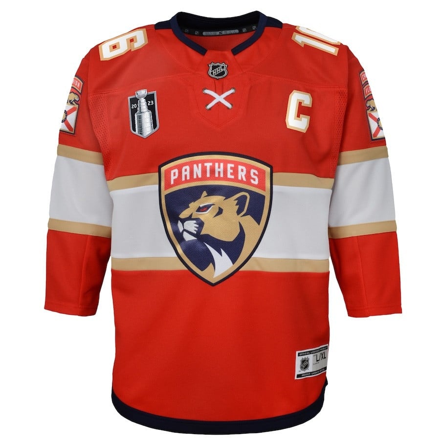 Alternative view of Aleksander Barkov 16 Florida Panthers Youth 2023 Stanley Cup Final Home Jersey - Red - JS407 
